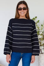Load image into Gallery viewer, Navy & White Stripe Knit Boatneck Jumper