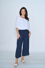 Load image into Gallery viewer, White or Navy 3/4 Side Button Pant with Elastic smocked waist.
