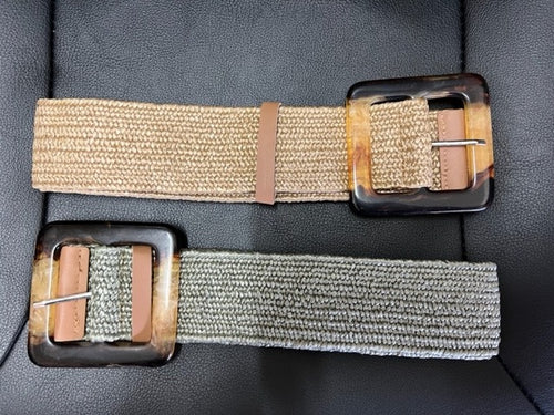 Stretchy and Versatile Belt with Tortoiseshell Square Buckle in Straw or Khaki