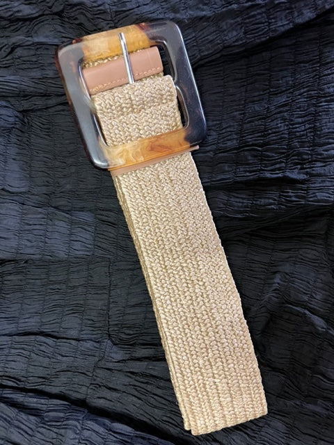 Straw Stretchy and Versatile Belt with Tortoiseshell Square Buckle