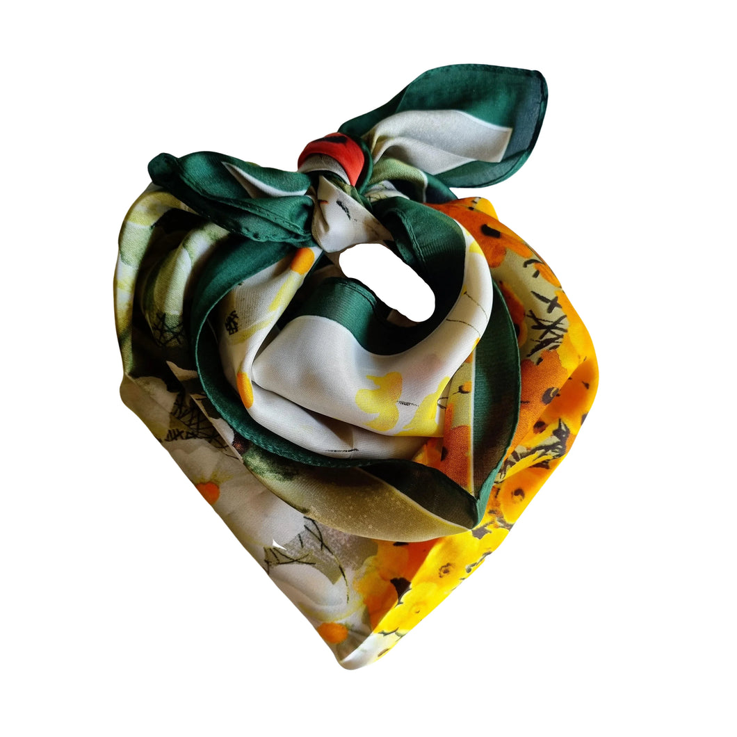 Short satin scarves in various designs for your hair or around your neck