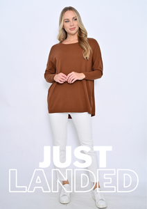 Round Neck Basic Knit Wool Blend Top in Chocolate.
