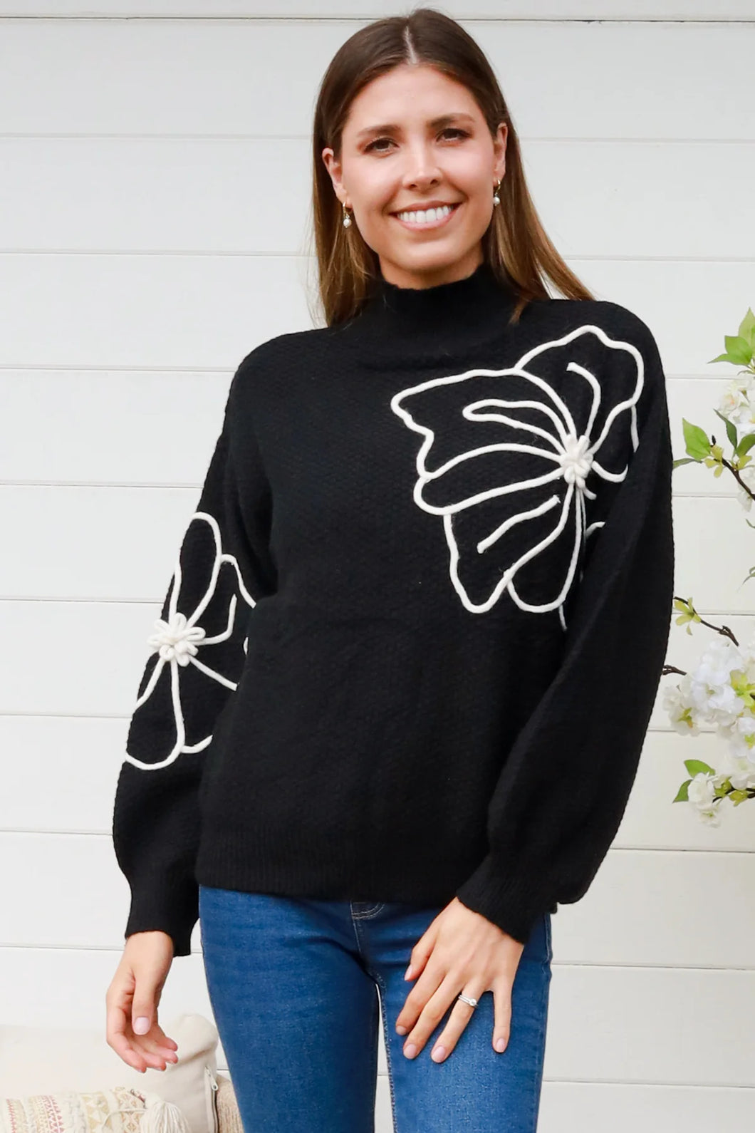 Black Jumper with White Floral motif