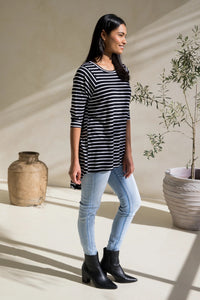 Long Sleeve Hi Low Kiana Top in Black/White Stripe