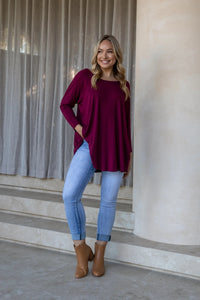 PQ Collection Long Sleeve Basic T-Shirt in Black or Cabernet