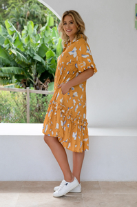 Classic Shirt Dress in Mustard Summer Print by PQ Collection