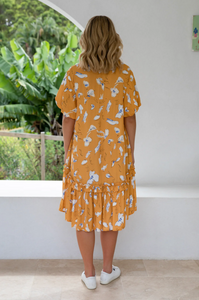 Classic Shirt Dress in Mustard Summer Print by PQ Collection