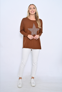Long Sleeve Diamond Star Knit Jumper in Chocolate By Cali & Co