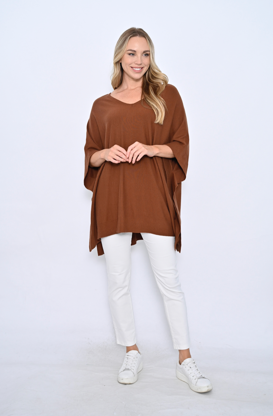V-Neck Knit Poncho In Chocolate By Cali & Co