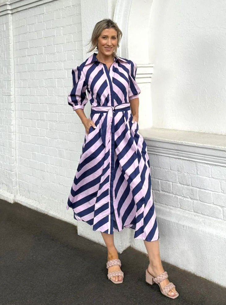 'Bianca' Preppy Shirt Dress in Navy Stripe