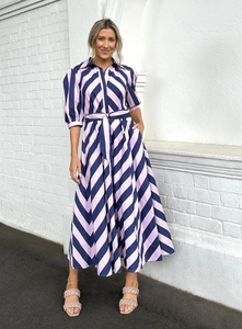 'Bianca' Preppy Shirt Dress in Navy Stripe