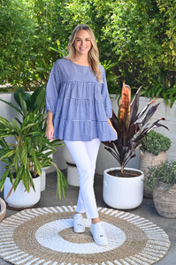 Gingham Relaxed-Fit Tiered Top in Navy