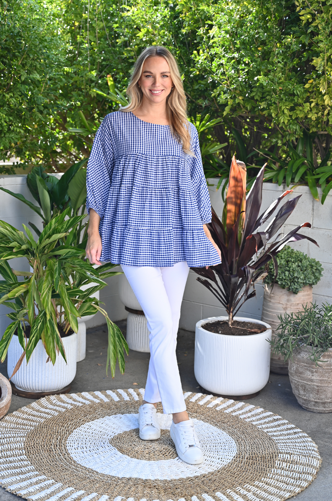 Gingham Relaxed-Fit Tiered Top in Navy