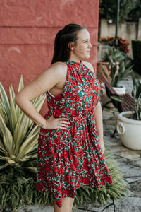 Amy Boho Red Floral Midi Chic Dress For The Curvy Women