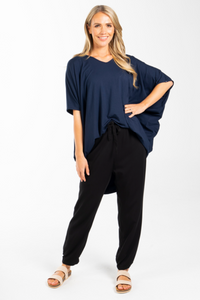 PQ Collection Navy Short Sleeve Hi Low Miracle Top