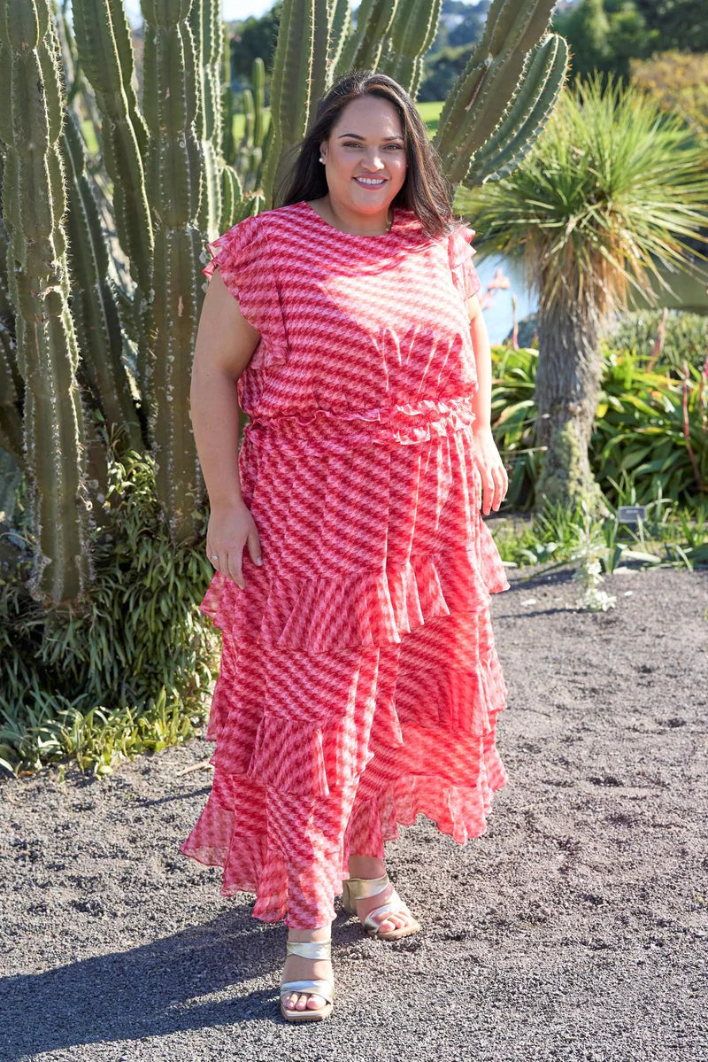 Odette Red Pink Abstract Print Maxi Dress