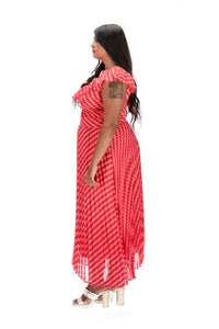 Pink & Red Abstract Print Pleated Maxi Dress