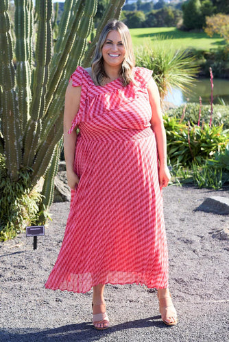 Pink & Red Abstract Print Pleated Maxi Dress