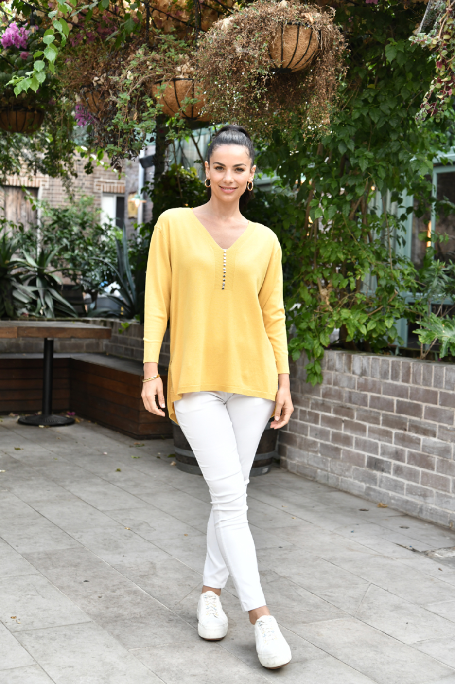 V Neck Stud Knit Jumper in Yellow