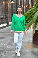 Load image into Gallery viewer, V Neck Bead Star Knit Jumper in Green
