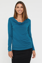 Load image into Gallery viewer, Dark Teal Long Sleeve Bamboo Cowl Neck Top by Bamboo Body
