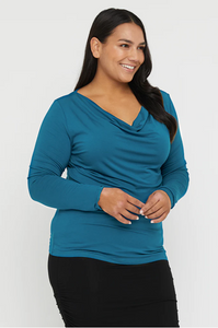 Dark Teal Long Sleeve Bamboo Cowl Neck Top by Bamboo Body