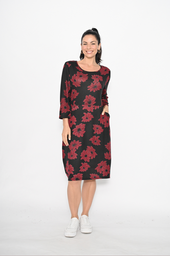 Cali & Co Front Seam Pocket Floral Dress in Black with Red Flowers