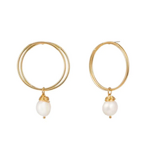 Load image into Gallery viewer, Hoop Freshwater Pearl &amp; Gold Earrings in 2 styles &#39;Hazel&#39; or &#39;Lydia&#39;.

