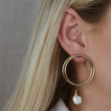 Load image into Gallery viewer, Hoop Freshwater Pearl &amp; Gold Earrings in 2 styles &#39;Hazel&#39; or &#39;Lydia&#39;.
