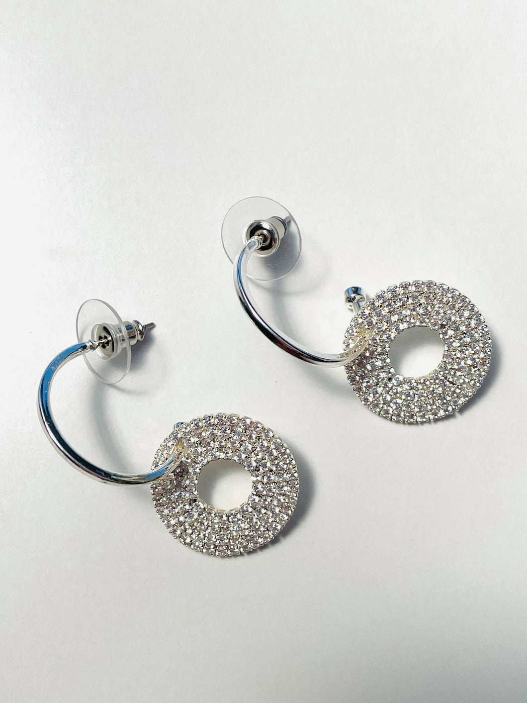 Silver Crystal Disc Hoop Stud Earrings