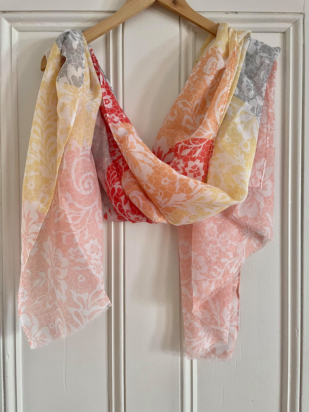 Soft Florals With Grey, Pink, Watermelon, Yellow & Orange Scarf For The Curvy Women's Outfit