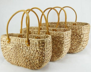 Water Hyacinth Rectangle Natural Baskets With Suede Covered Handles