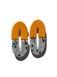 Double Arch Yellow & Grey With Spots Statement Earrings
